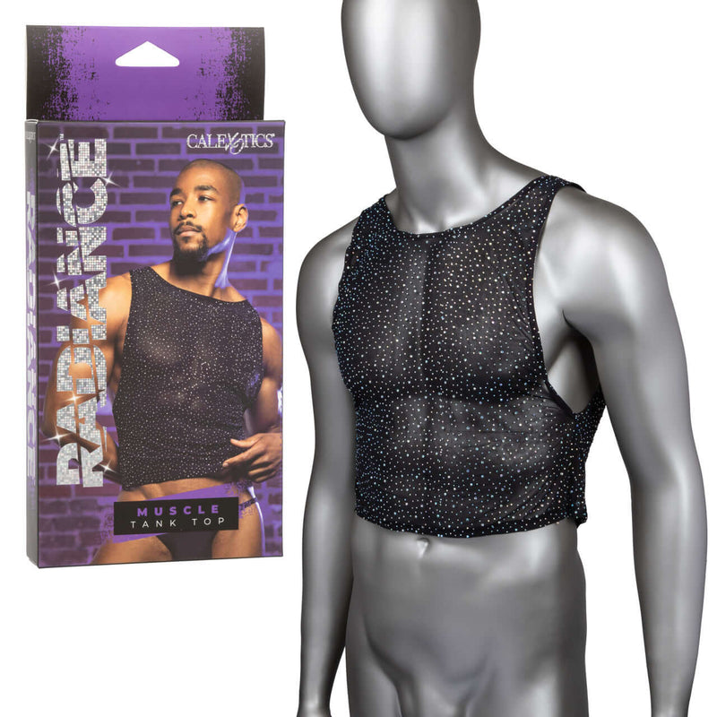 Radiance Muscle Tank Top with breathable mesh and rhinestone accents on mannequin, showcasing stylish design and comfort.