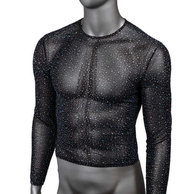 Radiance Long Sleeve Shirt with dazzling mesh design and rhinestone accents, showcasing a stylish and shimmering appearance.