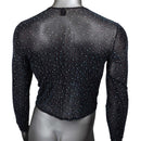Black mesh long sleeve shirt with rhinestone accents, featuring a shimmering design on a mannequin.