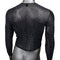 Black mesh long sleeve shirt with rhinestone accents, featuring a shimmering design on a mannequin.