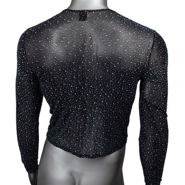 Black mesh long sleeve shirt with rhinestone accents, featuring a shimmering design on a mannequin.