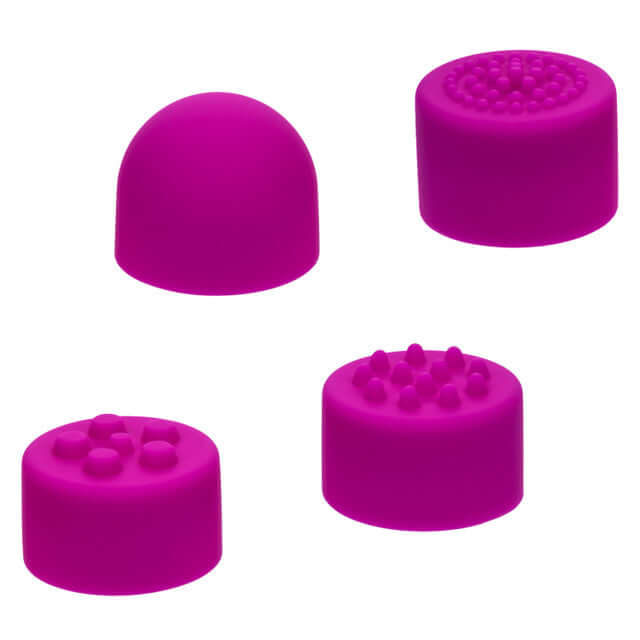 Four pink interchangeable silicone tips for Kyst Mega-Mite mini wand vibrator, featuring various textures for versatile pleasure.