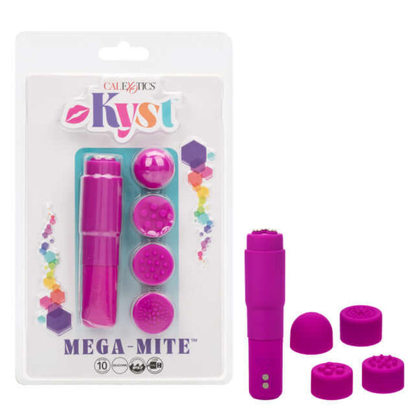 Kyst Mega-Mite Pink 10 Function Rechargeable Mini Wand Vibrator with 4 Silicone Tips in Packaging