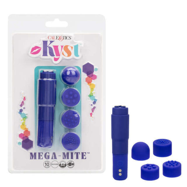 Kyst Mega-Mite Purple Rechargeable Bullet Vibrator with 4 Interchangeable Silicone Tips in Packaging