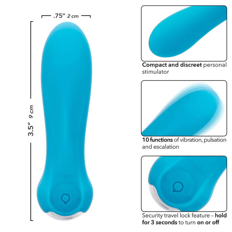 Blue Kyst Rocket Mini Bullet Vibrator with dimensions and features including 10 vibration functions and security travel lock feature
