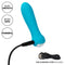 Blue Kyst Rocket rechargeable mini bullet vibrator with USB charging cord, featuring silky smooth, body-safe, and powerful labels.