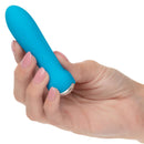 Hand holding Kyst Rocket 10 Function Rechargeable Mini Bullet Vibrator in blue, showcasing its compact and discreet design.