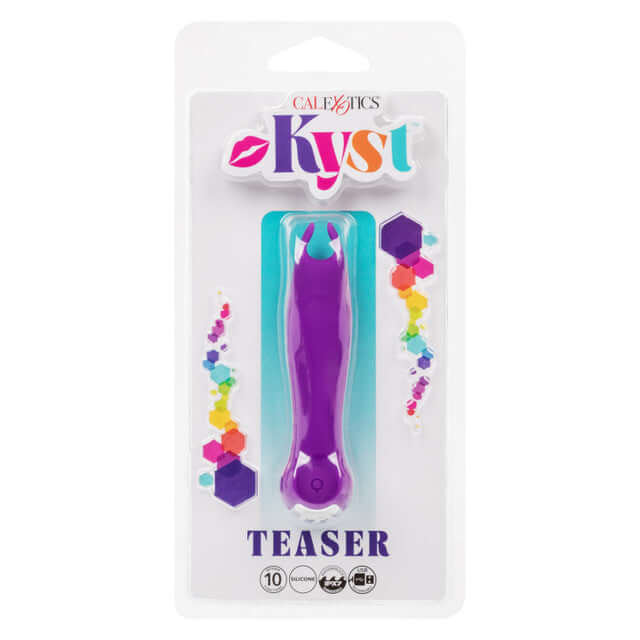 Kyst Teaser Flickering Bullet Vibrator in packaging with purple ticklers and 10 dynamic vibration functions for intense pleasure.