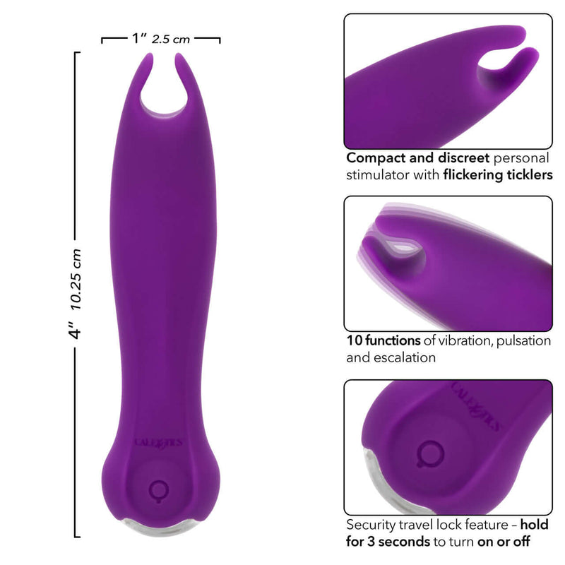 Kyst Teaser Flickering Bullet Vibrator with 10 vibration functions and travel lock, 4 inches long and 1 inch wide, purple color