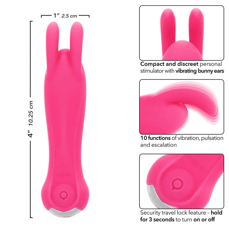 Kyst Bunny 10 Function Rechargeable Bunny Ears Bullet Vibrator with dimensions and features shown