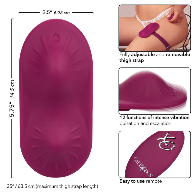 Dual Rider Remote Control Grinder with adjustable thigh strap and 12 vibration functions for hands-free use.