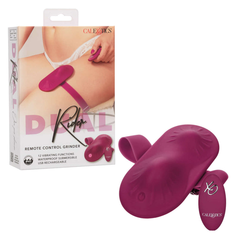 Dual Rider Remote Control Grinder with packaging, showcasing adjustable thigh strap and 12-function vibration feature.