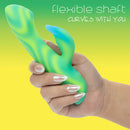 Endless Summer Twilight Tease Dual Vibe Light-up Massager held in hand, showcasing its flexible design and vibrant colors.