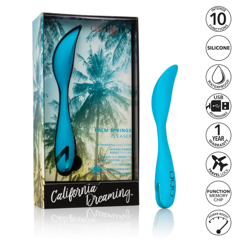 California Dreaming Palm Springs Pleaser Blue by CalExotics, 10 vibration functions, flexible, silicone, waterproof, USB rechargeable, 1-year warranty.