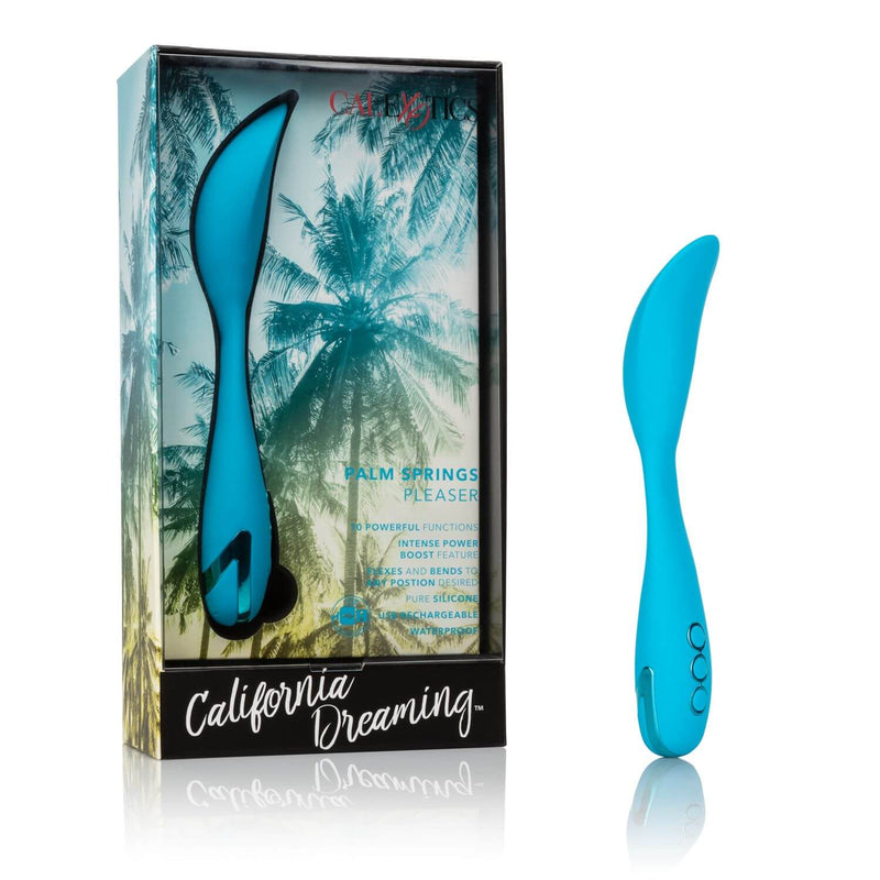 California Dreaming Palm Springs Pleaser in Blue by CalExotics with packaging, featuring 10 vibration functions for ultimate pleasure.