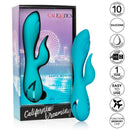 California Dreaming Santa Monica Starlet Blue Rabbit Vibrator in packaging showcasing its sleek design and features.
