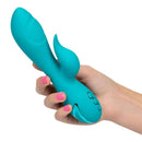 California Dreaming Santa Monica Starlet Blue Rabbit Vibrator in hand showcasing its sleek design and dual-stimulation features.
