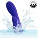 Rumbler Rumble G Rechargeable Silicone Dual Vibrator Purple splashing in water with waterproof IPX7 certification.
