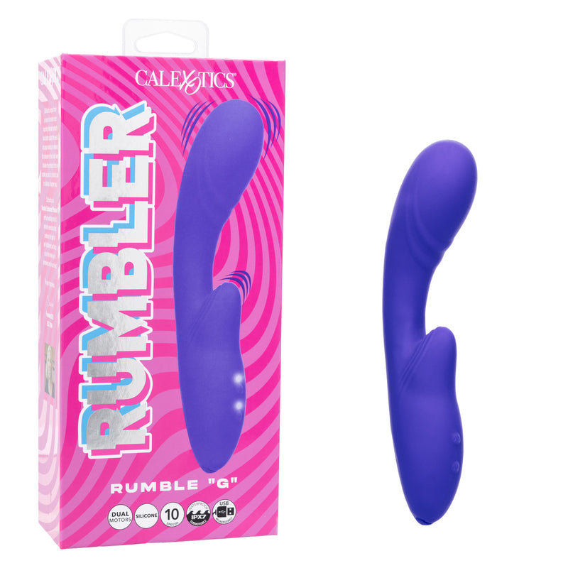 Rumbler Rumble G Rechargeable Silicone Dual Vibrator Purple in packaging, showcasing its sleek design and features.
