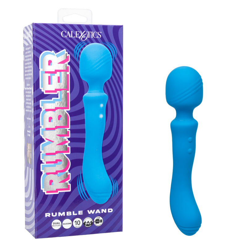 Rumbler Rumble Wand Rechargeable Silicone Vibrator Blue displayed in packaging with product details and features.