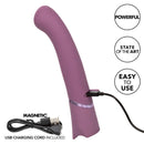 Orgasmatron Digital G-Wand angled massager with 10 vibration modes, shown with magnetic USB charging cord included.