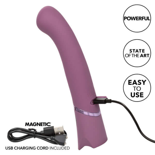 Orgasmatron Digital G-Wand angled massager with 10 vibration modes, shown with magnetic USB charging cord included.