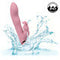 Orgasmatron™ Digital G-Bunny dual massager with 100 pleasure combinations, shown with water splashes emphasizing its waterproof feature.