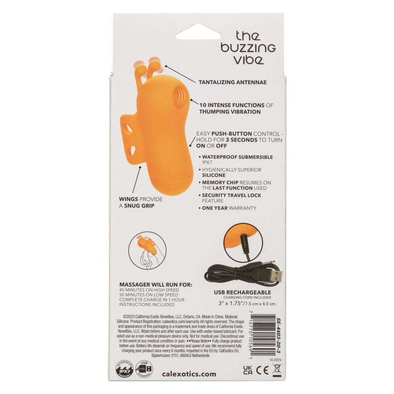 Neon® Vibes The Buzzing Vibe packaging showcasing product features and USB rechargeable details.