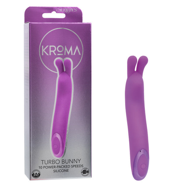 Kroma Turbo Bunny Vibrator Purple packaging and product; soft silicone, waterproof, 10 speed options for pleasure.