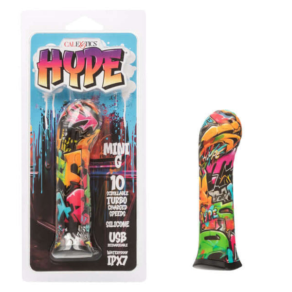 Vibrant Hype Mini G vibrator with graffiti design, featuring 10 turbo-charged speeds, waterproof, and rechargeable via USB