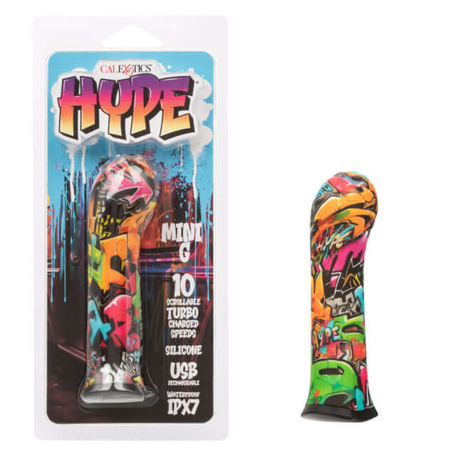 Vibrant Hype Mini G vibrator with graffiti design, featuring 10 turbo-charged speeds, waterproof, and rechargeable via USB