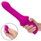 Remote control sex machine with smooth thruster, showing 10 vibration speeds and 5 thrusting levels, held in hand.