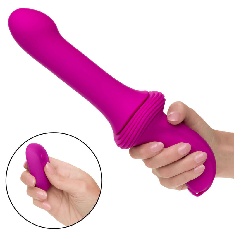 Remote control sex machine with smooth thruster, showing 10 vibration speeds and 5 thrusting levels, held in hand.
