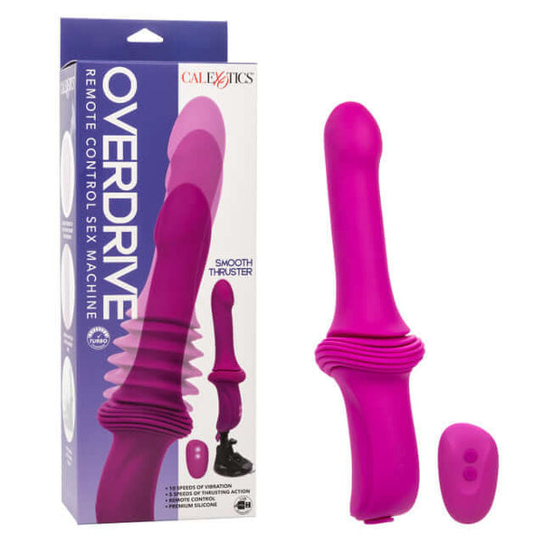 Overdrive Remote Control Sex Machine Smooth Thruster with packaging and wireless remote control.