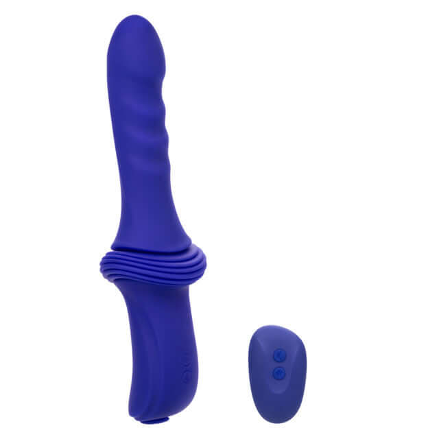 Overdrive remote control ridged thruster sex machine in blue with 10 speeds and 5 thrust levels.