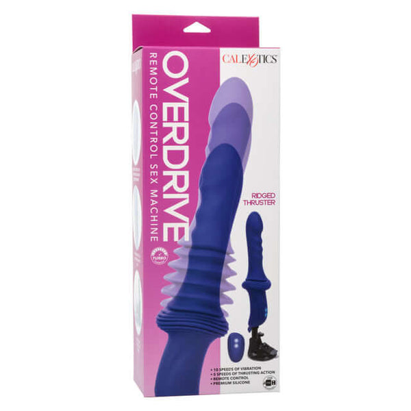 Overdrive Remote Control Sex Machine packaging featuring blue ridged thruster with 10 speeds and 5 thrust levels.