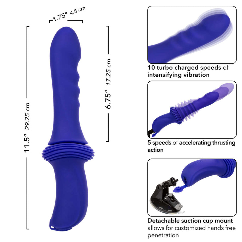 Overdrive Remote Control Ridged Thruster Sex Machine with dimensions, vibration speeds, thrusting levels, and suction cup details.