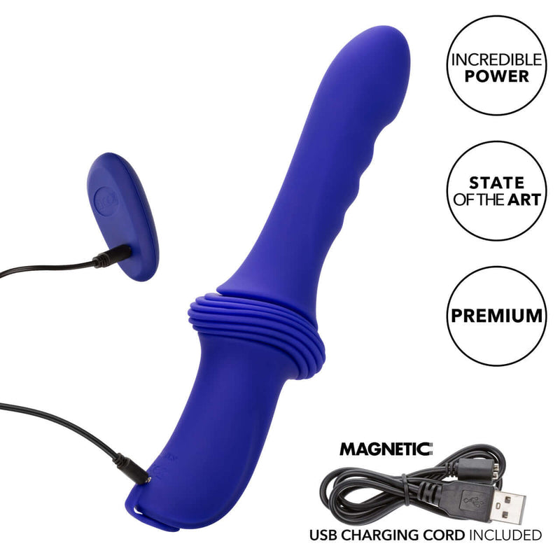 Blue ridged thruster sex machine with remote and magnetic USB charging cord, featuring incredible power and state-of-the-art design.