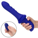 Blue ridged thruster sex machine with remote control in hand, featuring 10 vibration speeds and 5 thrusting levels for pleasure.