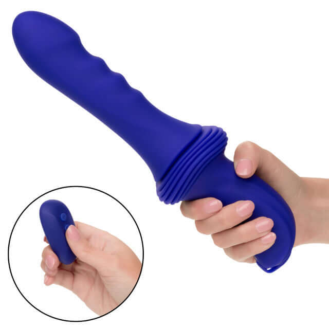 Blue ridged thruster sex machine with remote control in hand, featuring 10 vibration speeds and 5 thrusting levels for pleasure.