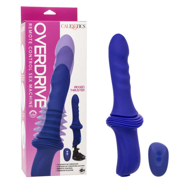 Overdrive Remote Control Ridged Thruster Sex Machine with 10 speeds and 5 thrusting levels, shown with packaging and remote.