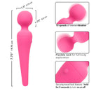 Pink waterproof silicone body wand with 10 vibration speeds, flexible neck, and travel lock feature shown in detailed measurement diagram.