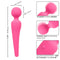 Pink waterproof silicone body wand with 10 vibration speeds, flexible neck, and travel lock feature shown in detailed measurement diagram.