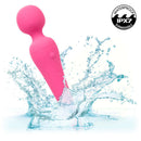 Pink waterproof silicone massager splashing in water, highlighting 10 vibration speeds for versatile pleasure and relaxation.