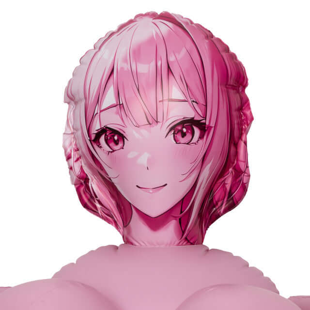 Close-up of Anime Back Door Love Doll Mimi with pink hair and pink eyes