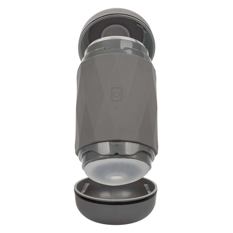 Milk Master Vibro Squeeze Rechargeable Silicone Stroker in sleek black design for enhanced pleasure and control.
