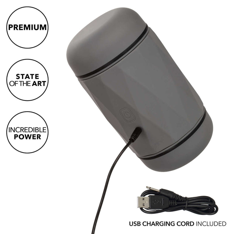 Milk Master Vibro Squeeze Stroker in black with USB charging cord, showcasing premium quality and powerful design.