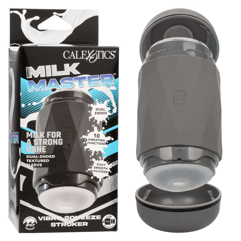 Milk Master Vibro Squeeze Rechargeable Silicone Stroker - Black with packaging details and features highlighted.