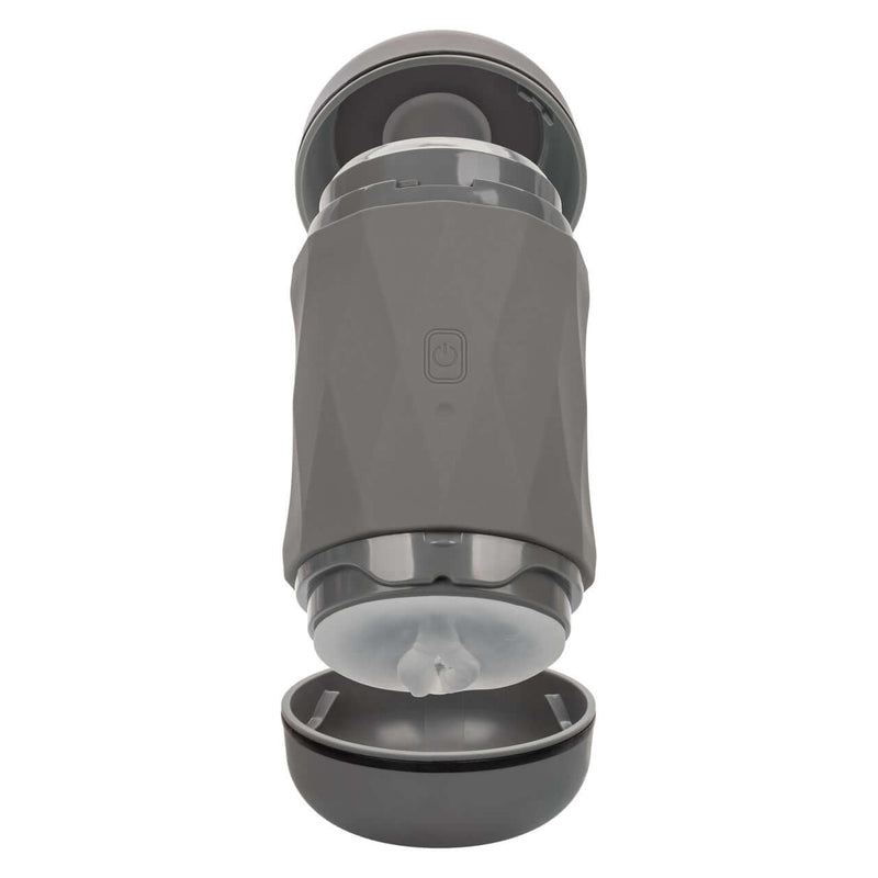 Milk Master Vibro Squeeze Pussy in gray, featuring a rechargeable design and unique squeeze-to-control feature.