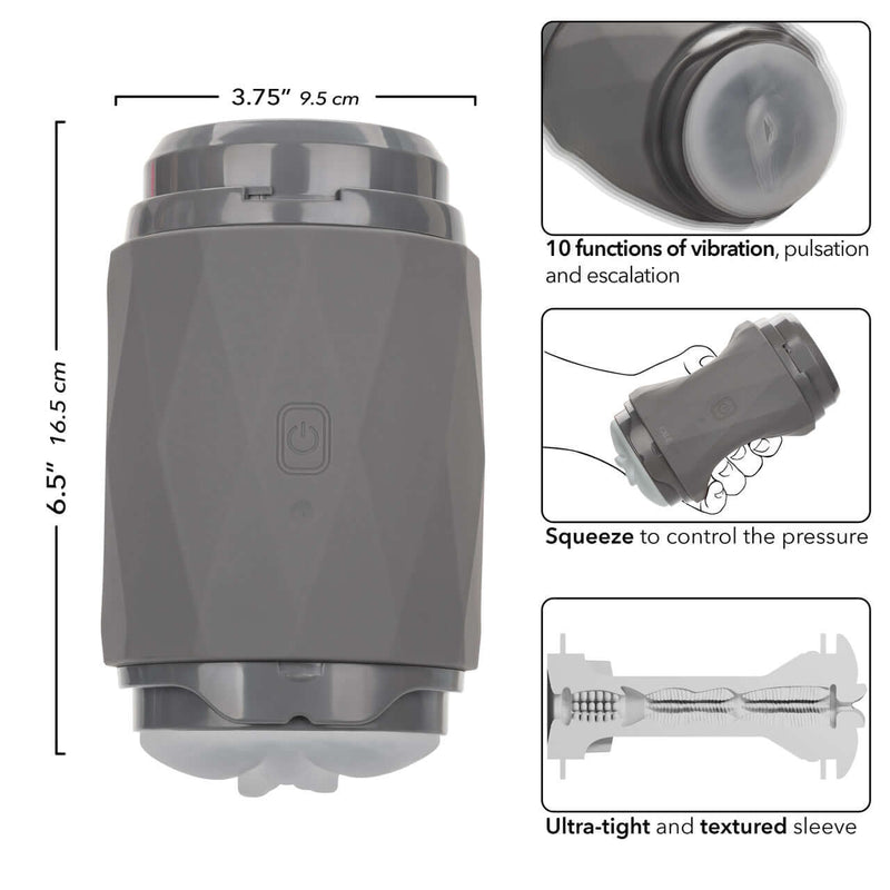 Milk Master Vibro Squeeze Pussy, gray, showing dimensions and features like vibration, squeeze control, and textured sleeve.